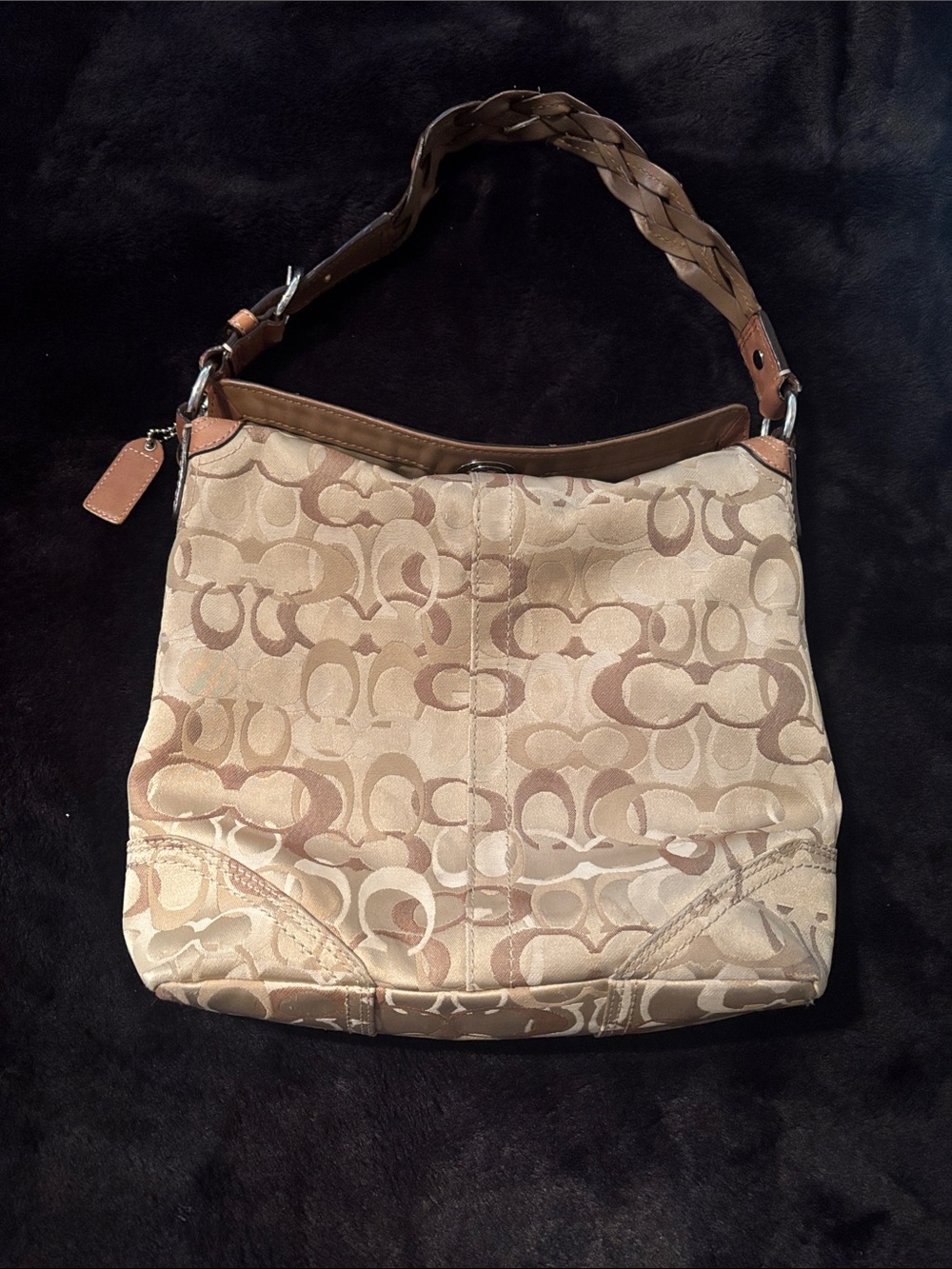 Coach Beige Signature Canvas Shoulder Bag with Chestnut Trim